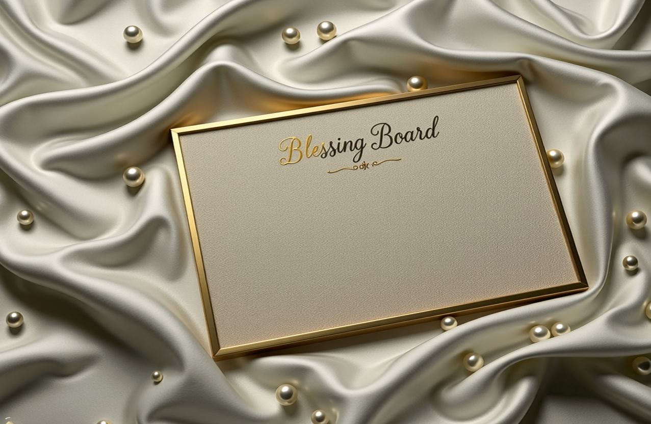 The Blessing Board — a gold-framed board resting on ivory satin with pearls