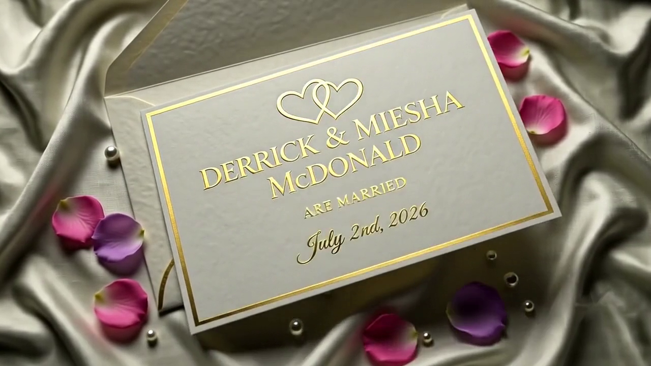 Keepsake announcement card — Derrick & Miesha McDonald are married, July 2nd, 2026